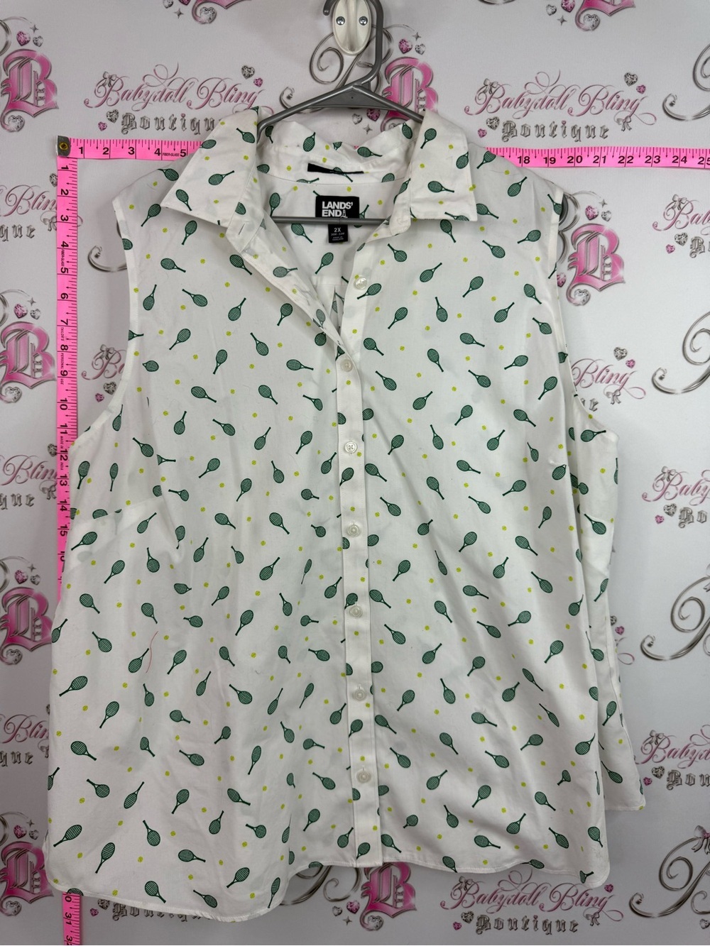 Lands' End White Sleeveless Button-Front Tank with Green Tennis Racket Print